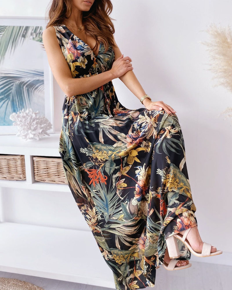 

Tropical Print Tied Detail Backless Maxi Dress, Black