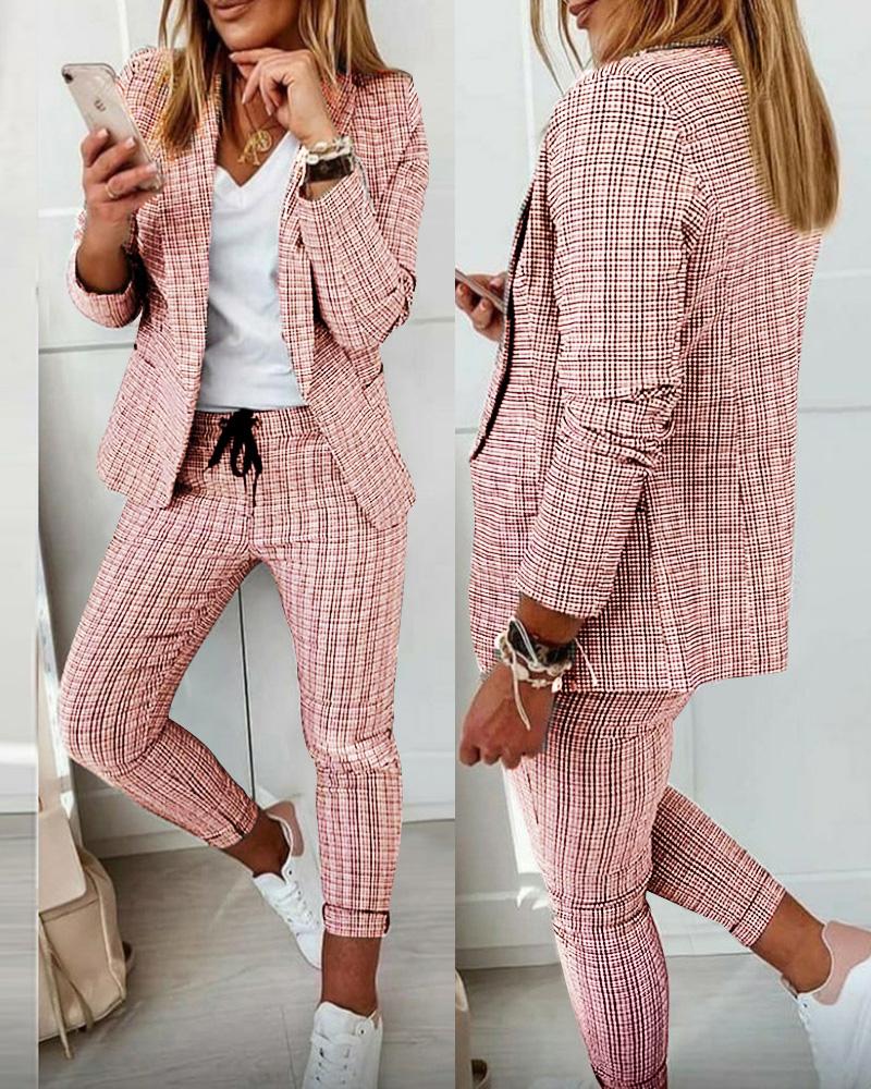 

Plaid Print Blazer Coat & Drawstring Pants Set, Pink