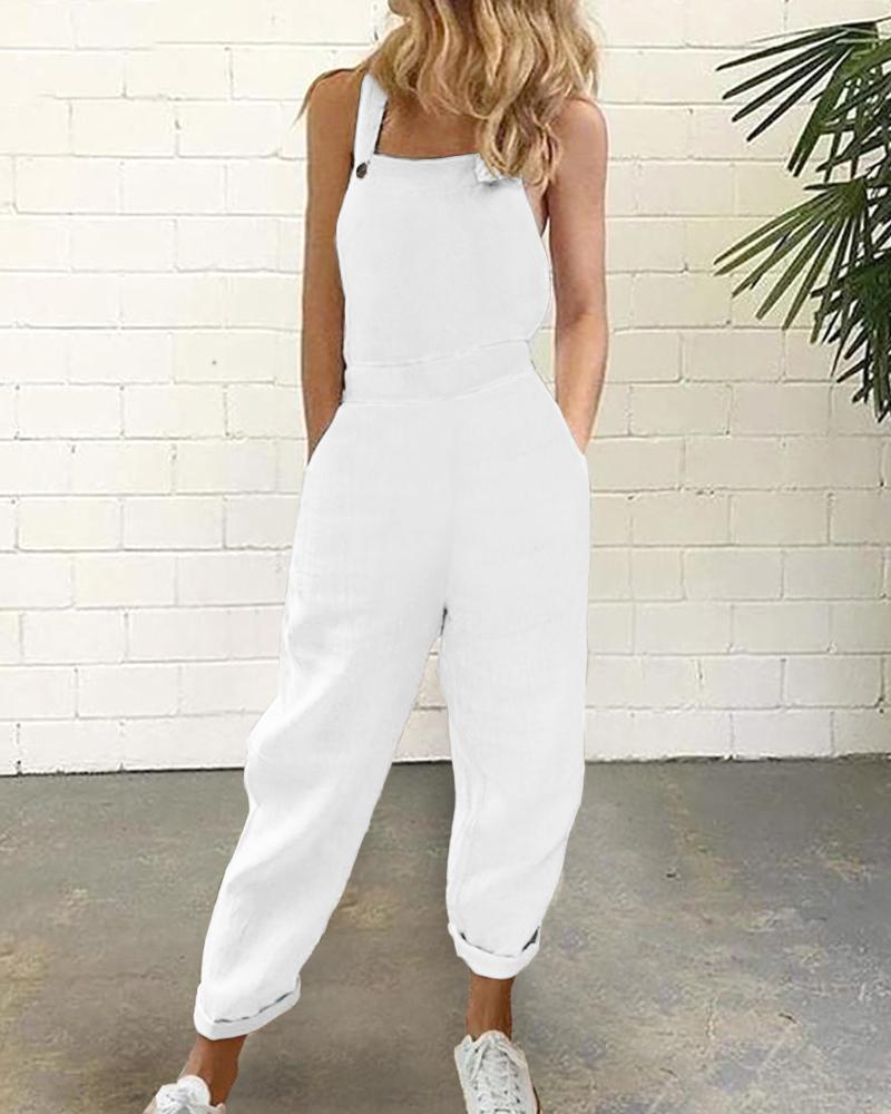 

Pocket Design Cuffed Suspender Jumpsuit, White