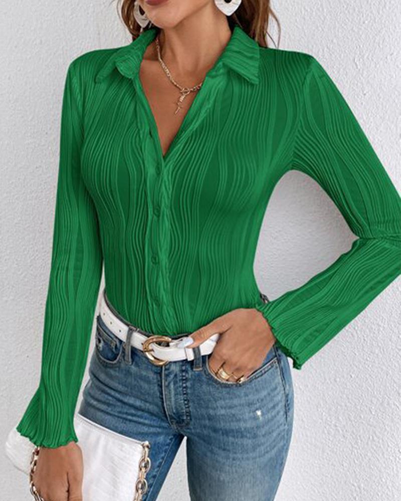 

Turn-down Collar Buttoned Textured Shirt, Green