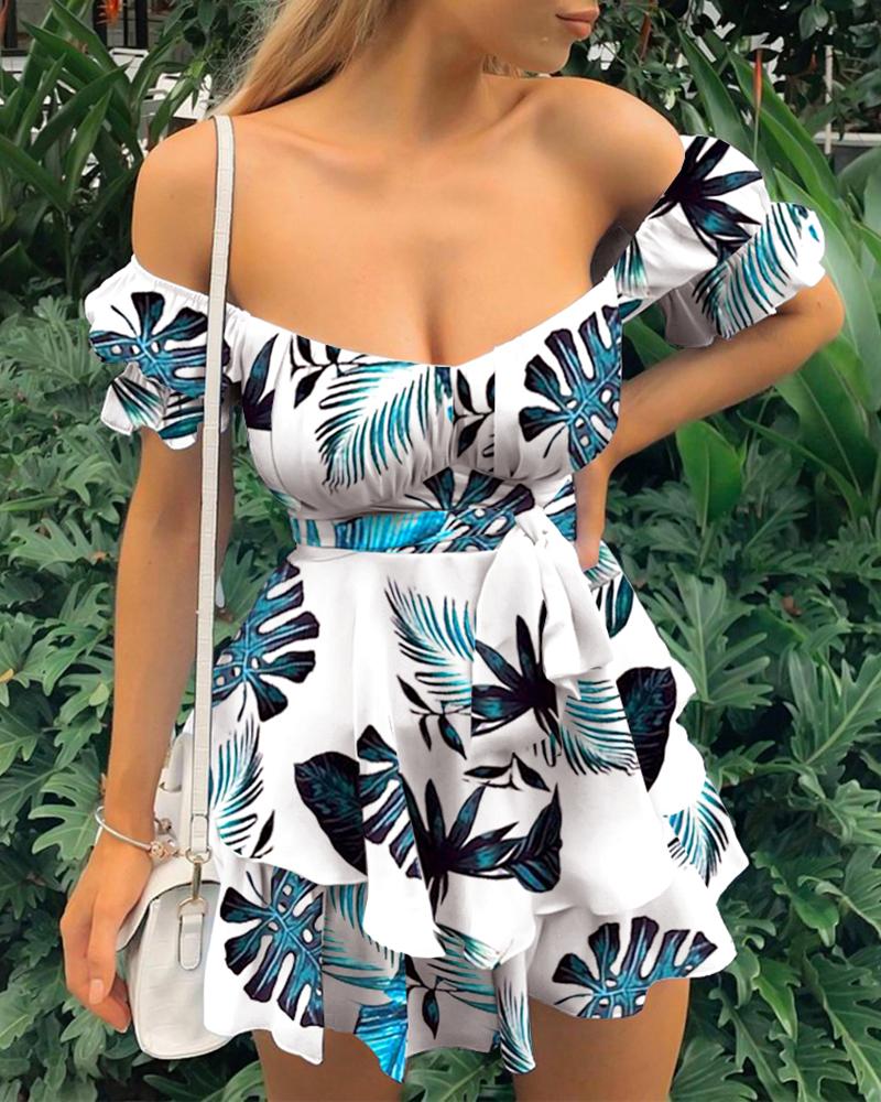 

Tropical Print Layered Ruffles Puff Sleeve Dress, Blue
