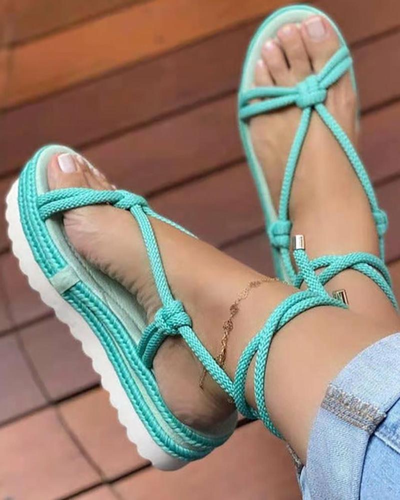 

Braided Strappy Casual Flatform Sandals, Green