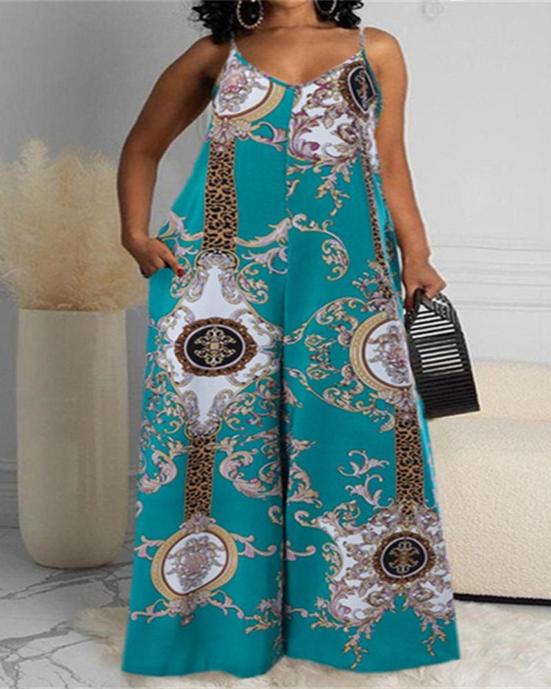 

Plus Size Baroque Print Wide Leg Jumpsuit, Green