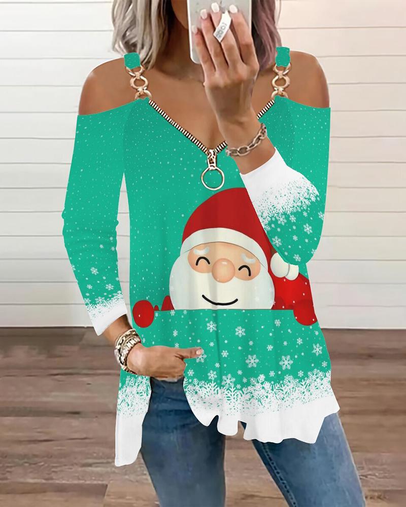 

Christmas Santa Snowflake Print Zipper Design Top, Light green