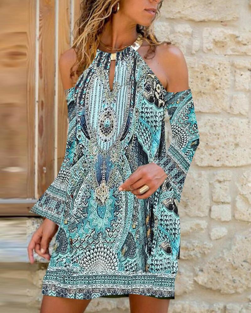 

Tribal Print Metal Decor Cold Shoulder Casual Dress, Lighted blue