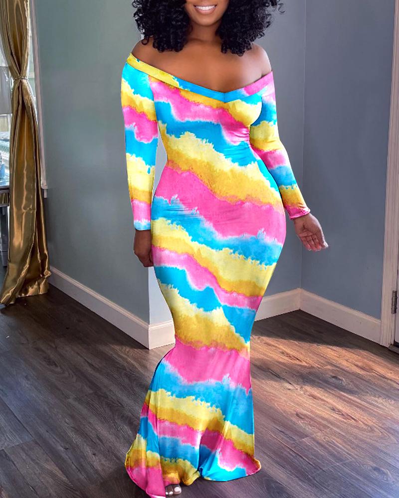 

Tie Dye Print Off Shoulder Mermaid Dress, Multicolor