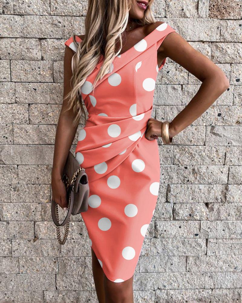 

Polka Dot Ruched Sleeveless Bodycon Dress, Pink