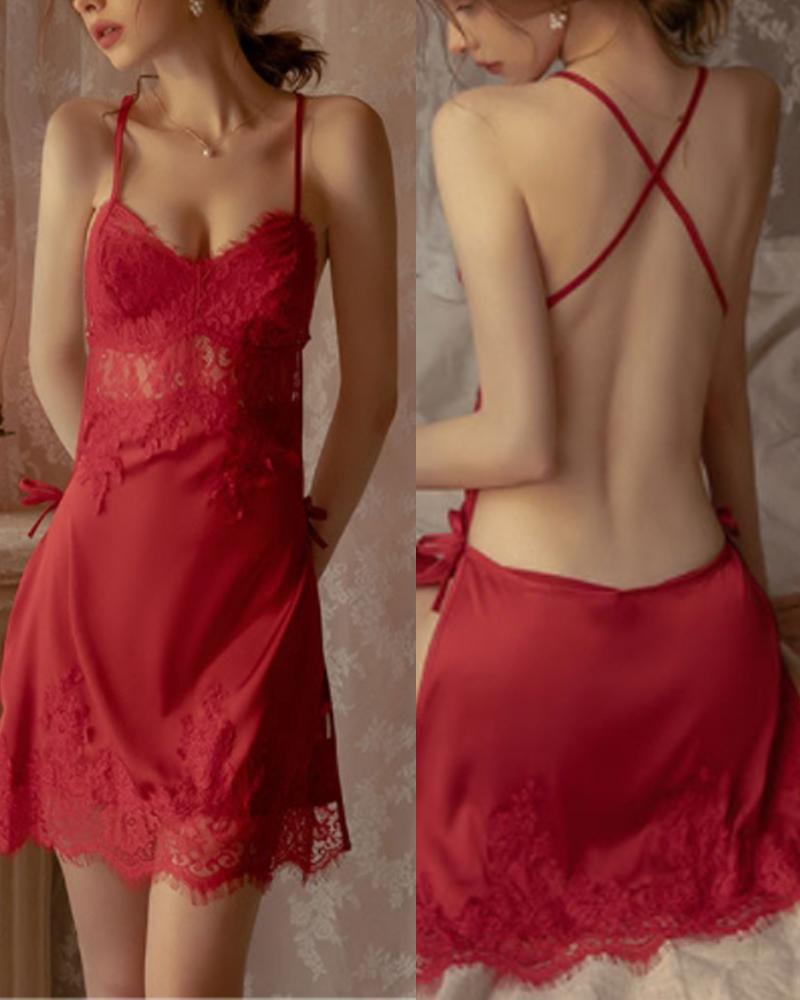 

Satin Contrast Lace Criss Cross Backless Babydoll With Thong, Red