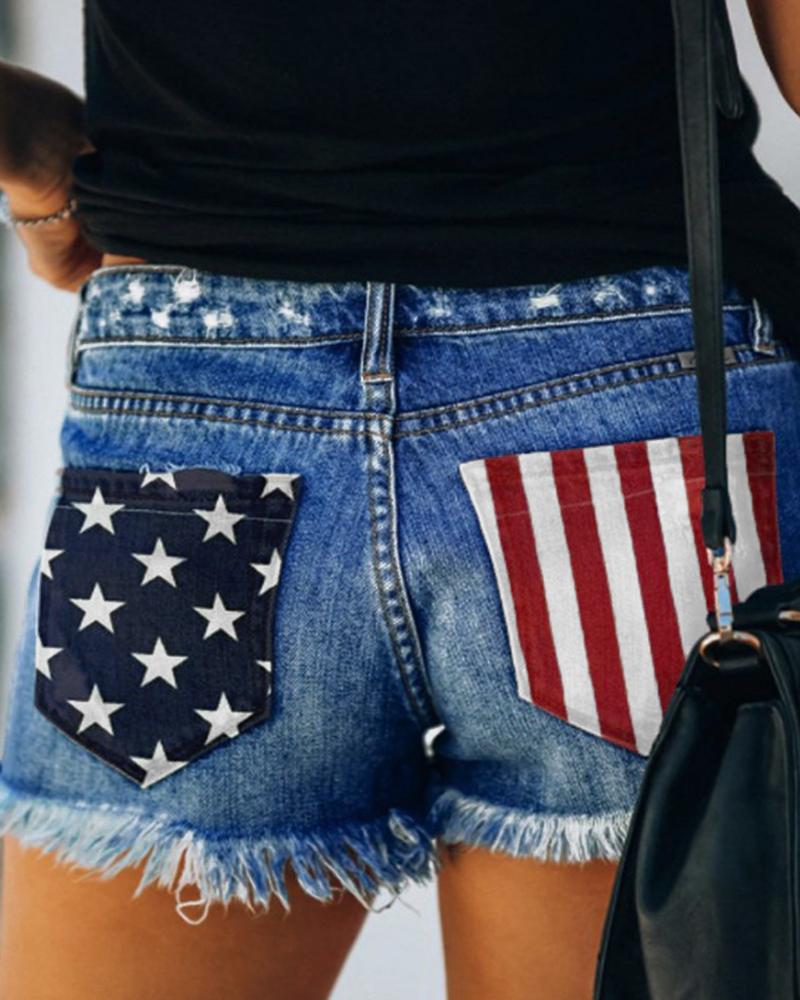 

Independence Day Flag Print Ripped Fringe Hem Denim Shorts, Blue