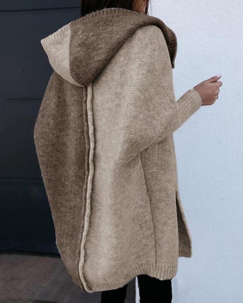 

Colorblock Long Sleeve Hooded Cardigan, Khaki