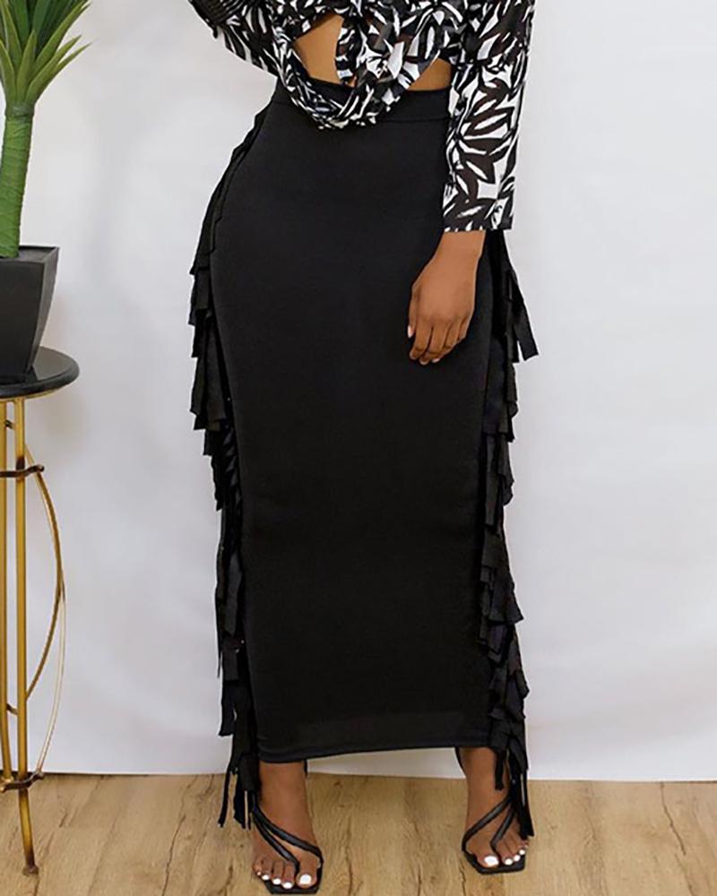 

High Waist Tassel Design Maxi Skirt, Black