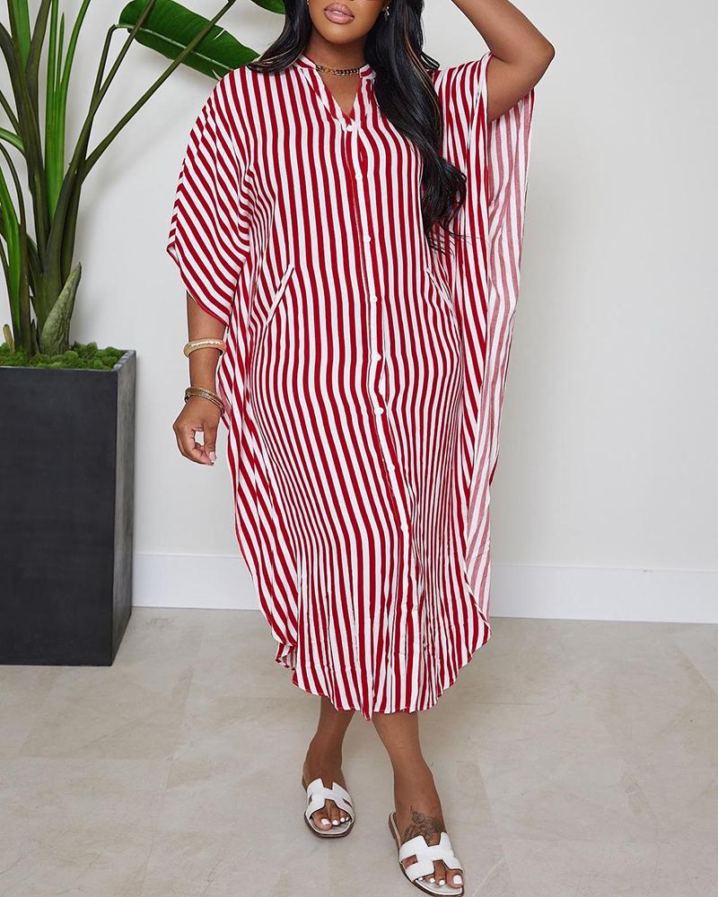 

Striped Batwing Sleeve Shirt Dress, Red