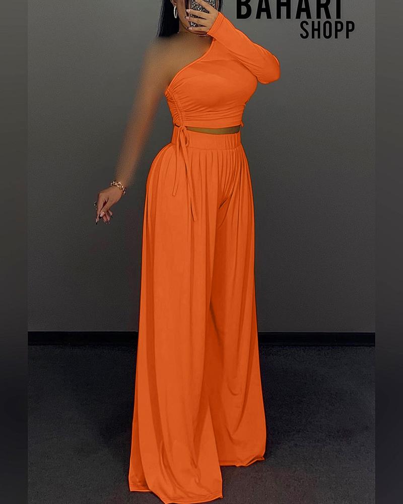 

One Shoulder Drawstring Top & Wide Leg Pants Set, Orange