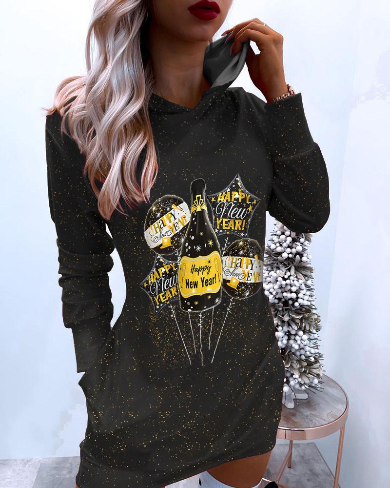 

Happy New Year Print Velvet Hooded Sweatshirt Dress, Black