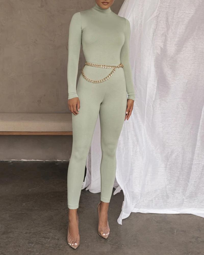 

Plain High Neck Long Sleeve Skinny Jumpsuit, Light green