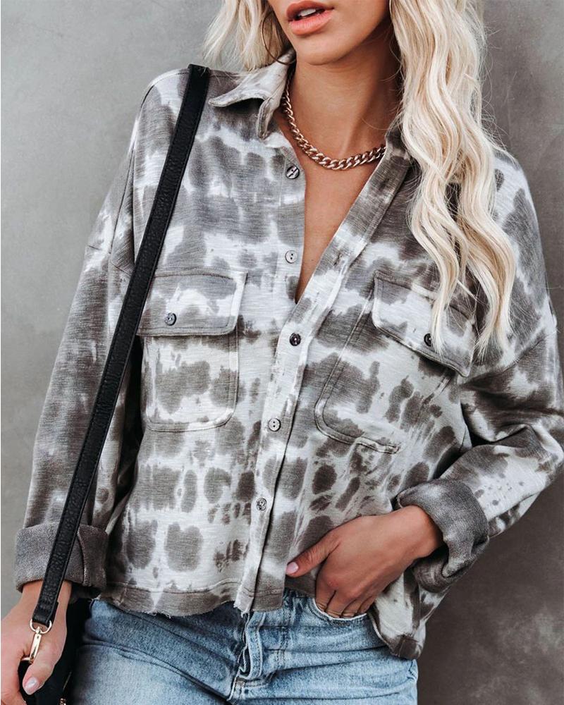 

Tie Dye Print Long Sleeve Button Down Shirt, Gray
