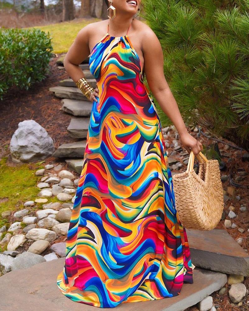 

All Over Print Halter Sleeveless Maxi Dress, Red