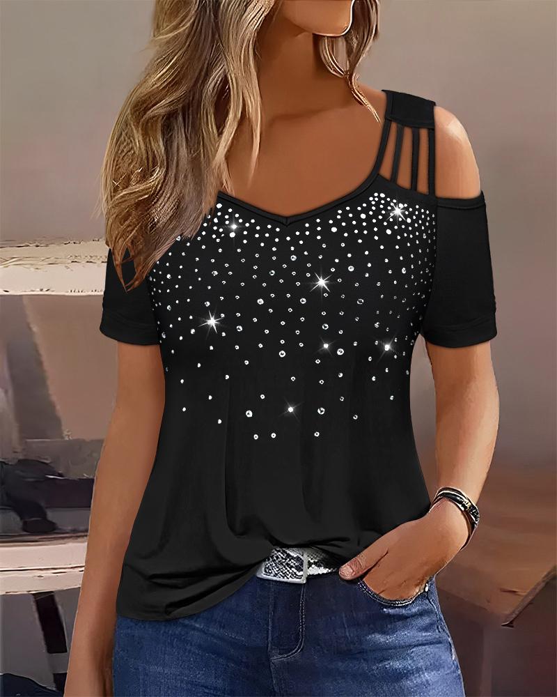 

Rhinestone Cold Shoulder Short Sleeve Top, Black