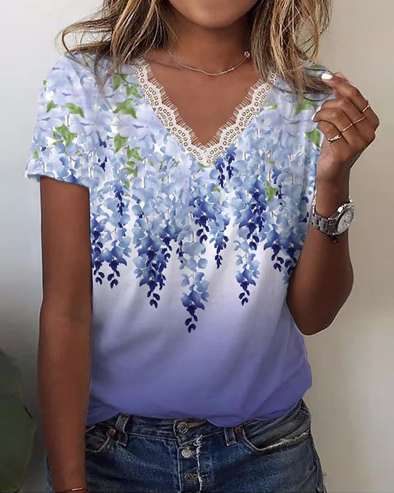 

Plants Print Lace Trim Casual T-shirt, Blue