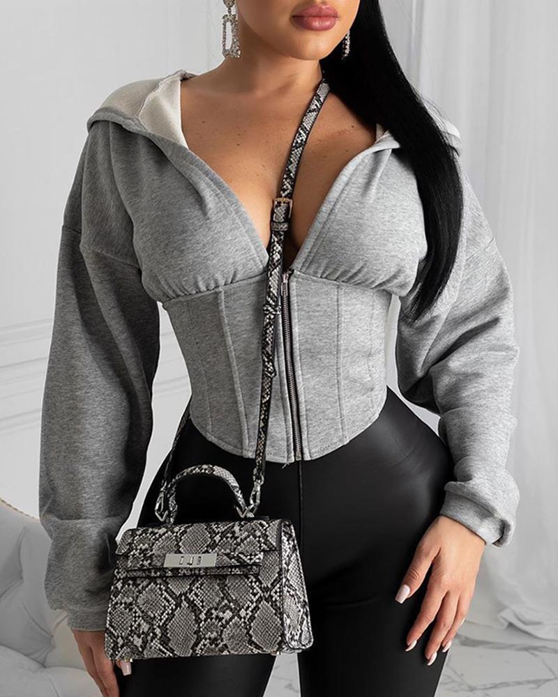 

Solid Corset Hooded Zipper Sweatshirt, Gray