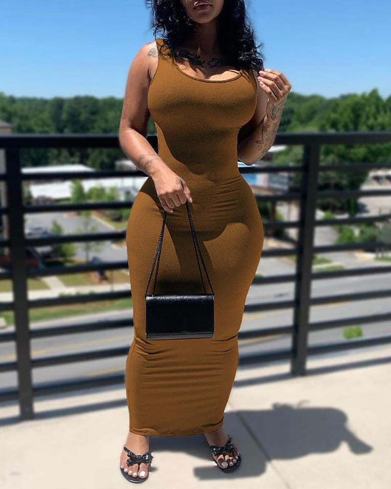 

U Neck Sleeveless Skinny Maxi Dress, Brown