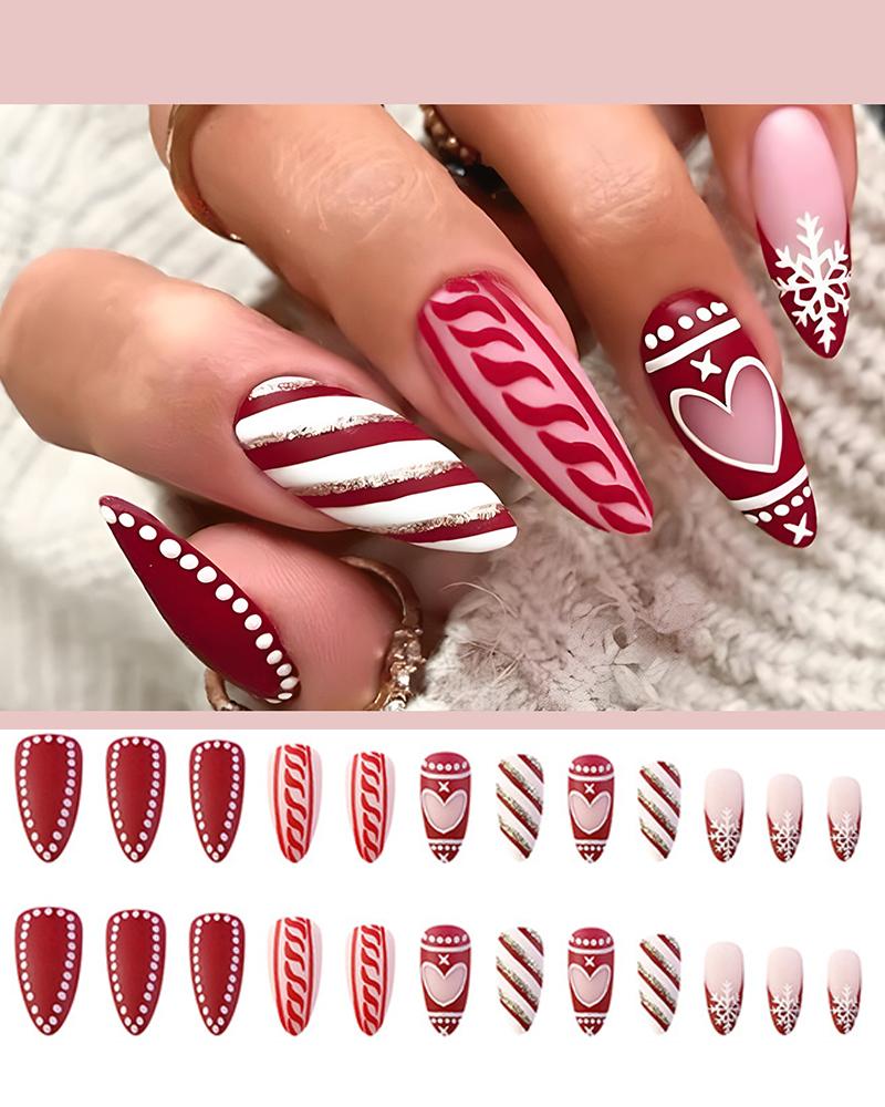 

24pcs Christmas Heart Striped Snowflake Design Press-on Stiletto Almond False Nails Set, Multicolor