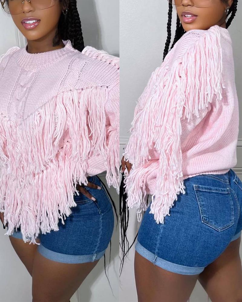 

Long Sleeve Tassel Trim Cable Knit Sweater, Pink