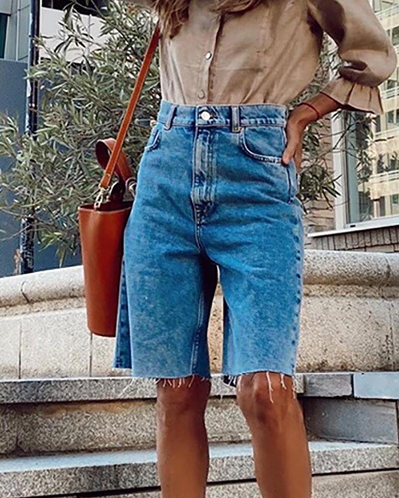 

Single Button Tassel Design Denim Shorts, Blue
