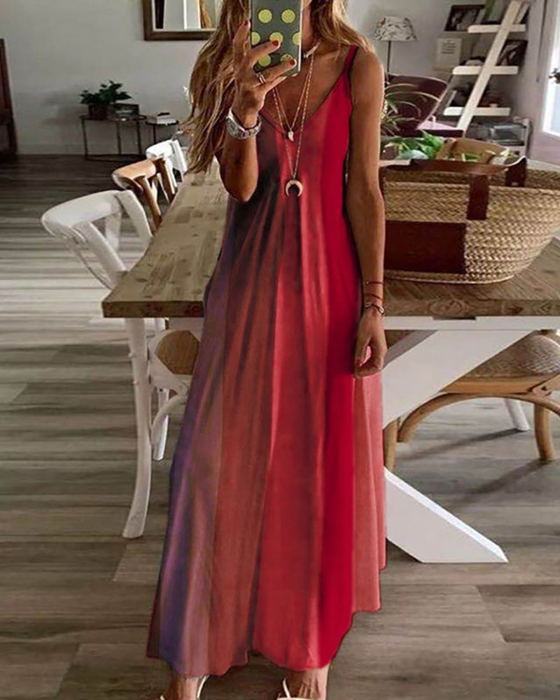 

V-Neck Colorblock Casual Maxi Dress, Red