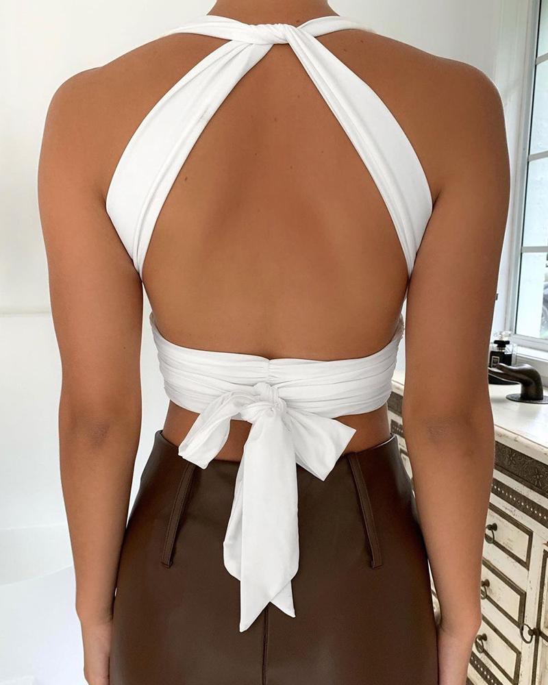 

Halter Knotted Backless Crop Top, White