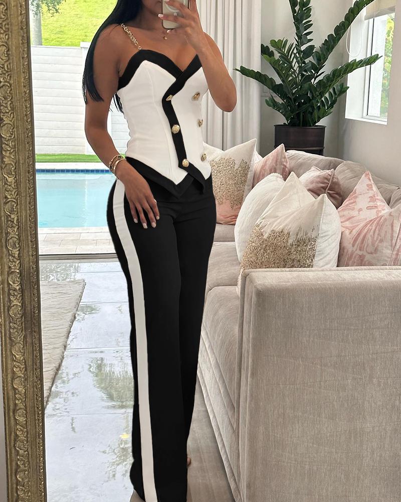 

Conjunto de top de tirantes con tiras de cadena y pantalones de pernera recta con doble botonadura, Black