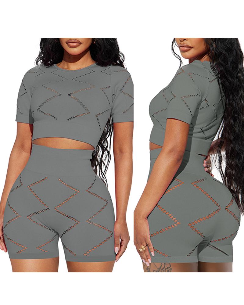 

Hollow Out Crop Top & Shorts Set, Gray