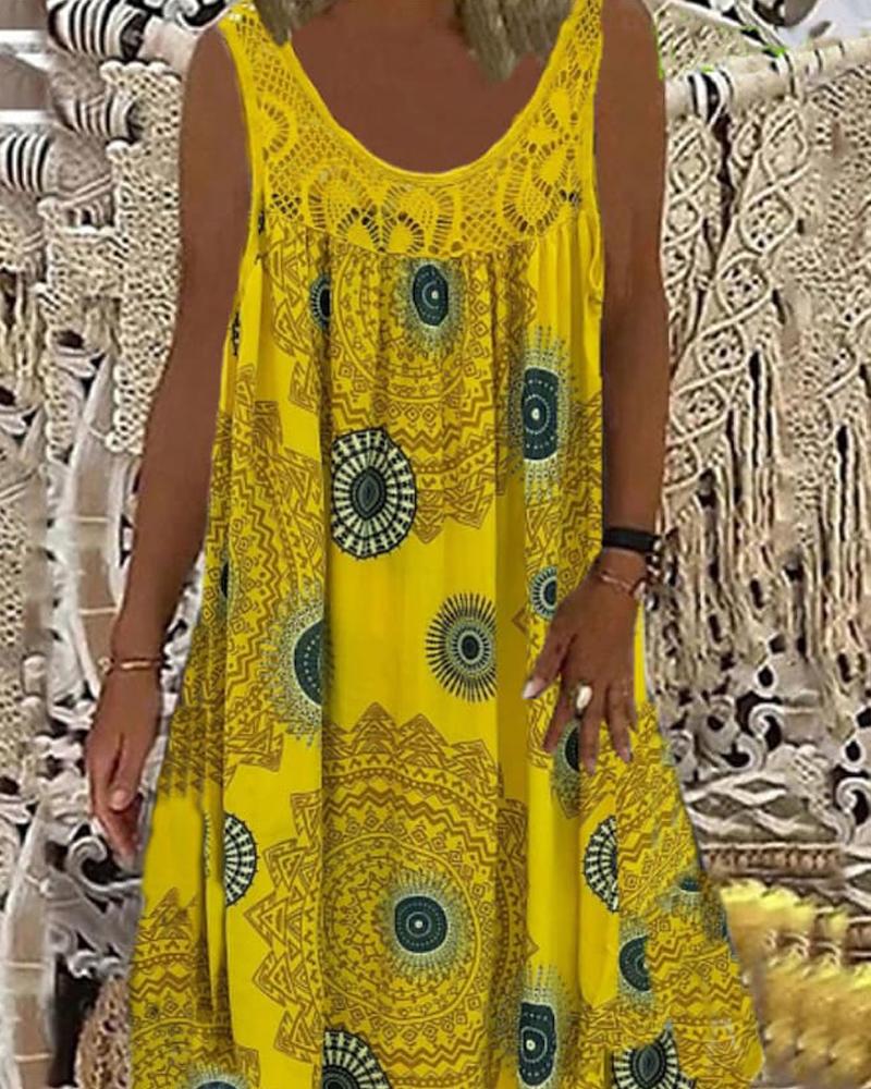 

Vintage Geometric Print Sleeveless Casual Dress, Yellow