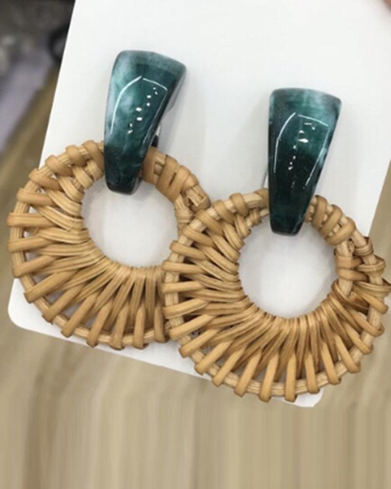 

1Pair Bohemian Braided Straw Hoop Earrings, Green