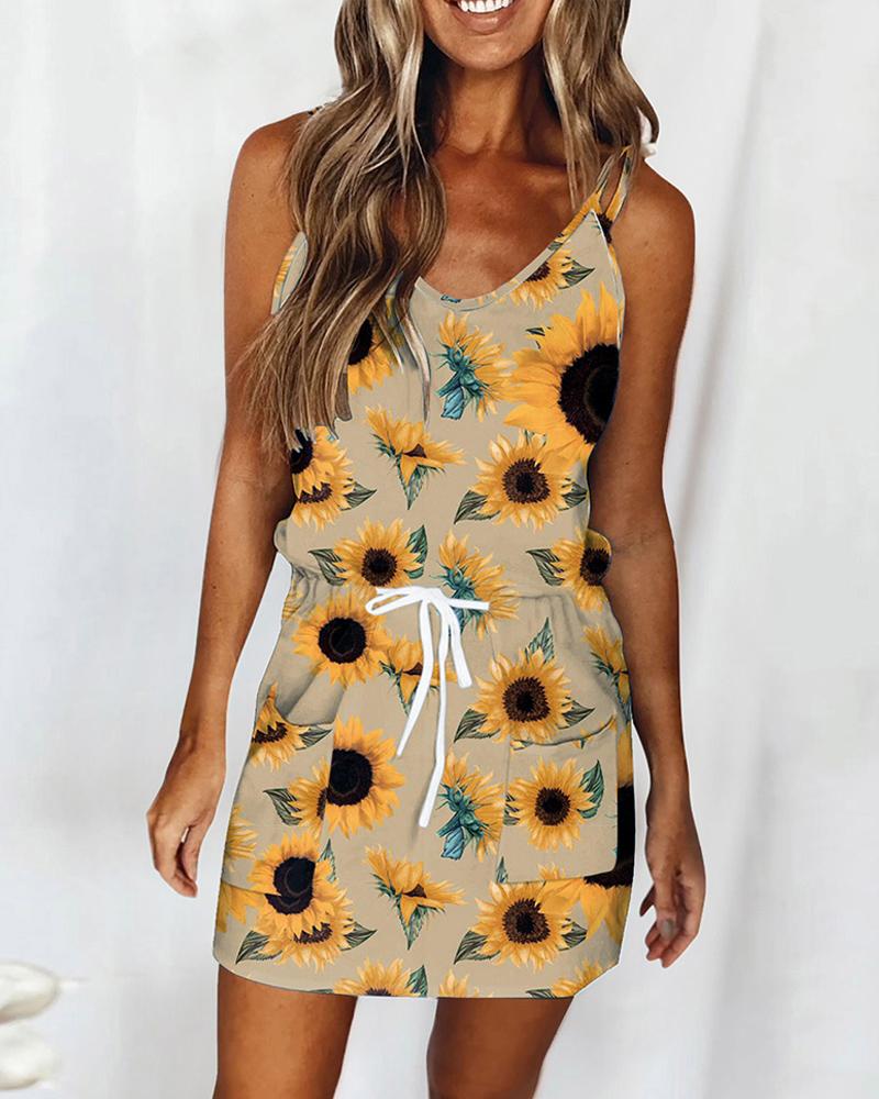

Sunflower Print Drawstring Pocket Decor Cami Dress, Style3