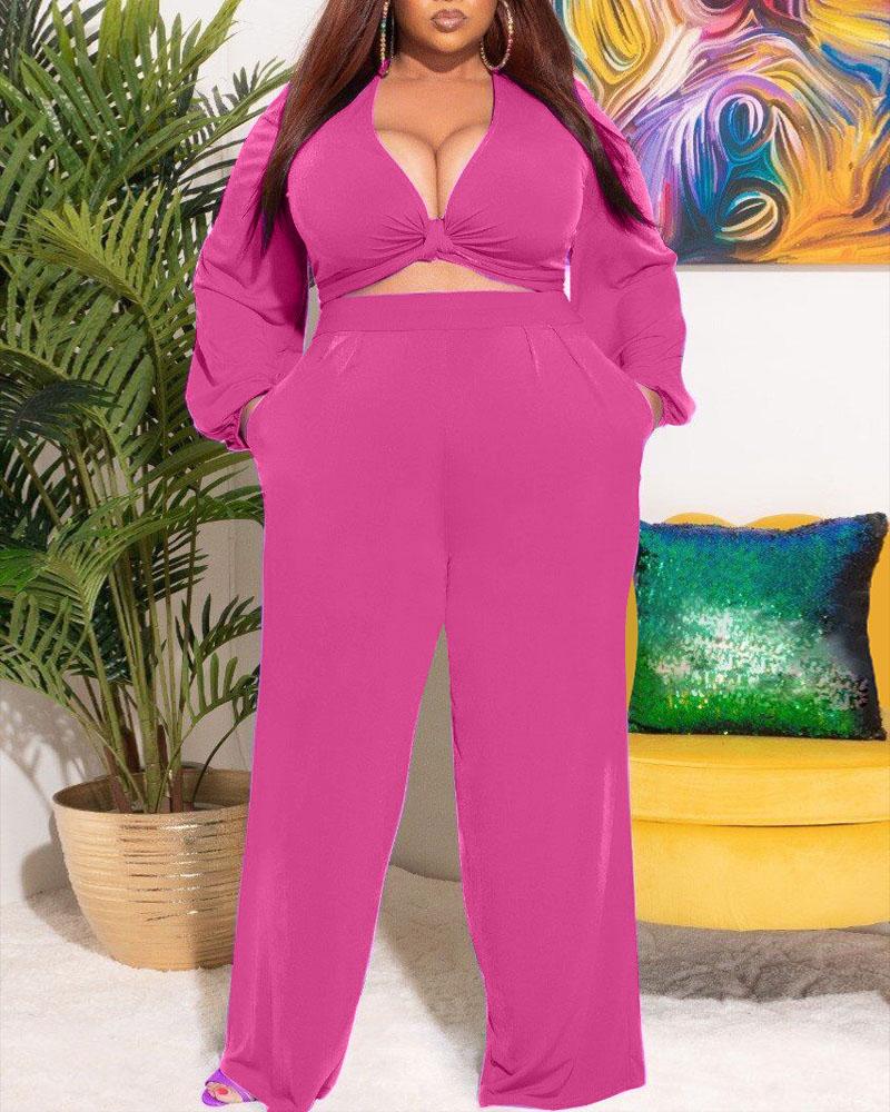 

Plus Size Tied Detail Lantern Sleeve Crop Top & Pants Set, Hot pink