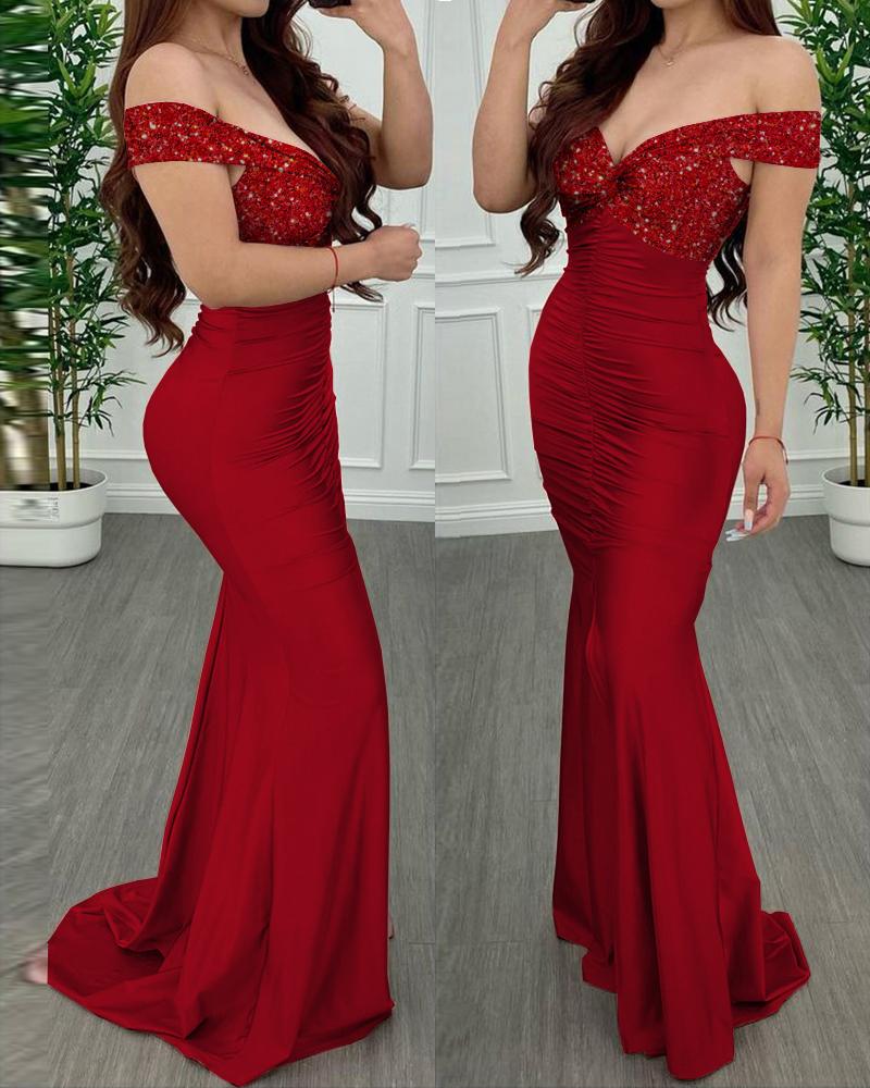 

Plain Off Shoulder Sequins Patch Twisted Ruched Mermaid Dress Skinny Maxi Party Dress, Red