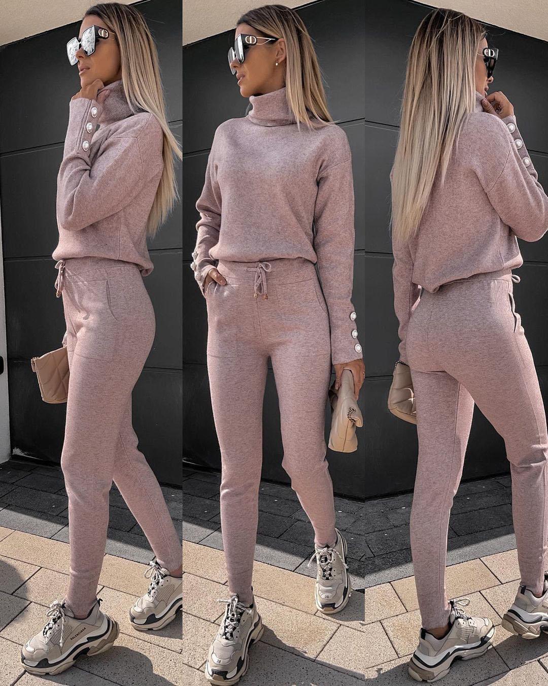 

Button Decor Turtleneck Knit Top & Drawstring Pants Set, Khaki