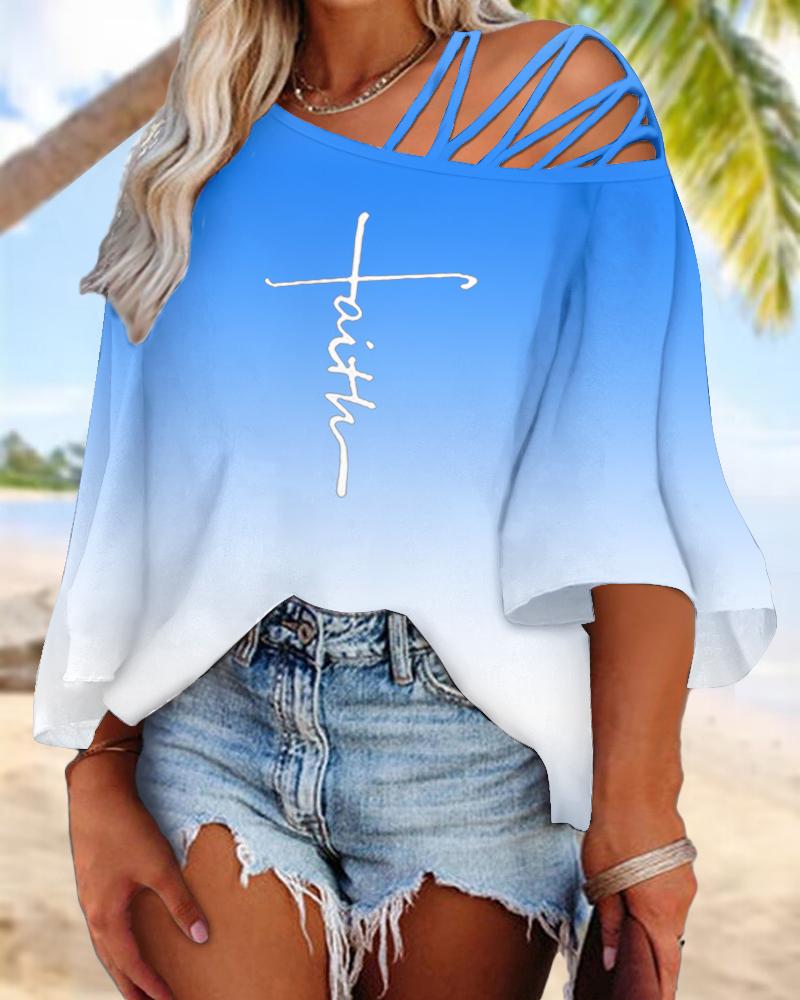 

Plus Size Faith Print Ombre Cold Shoulder Top, Blue
