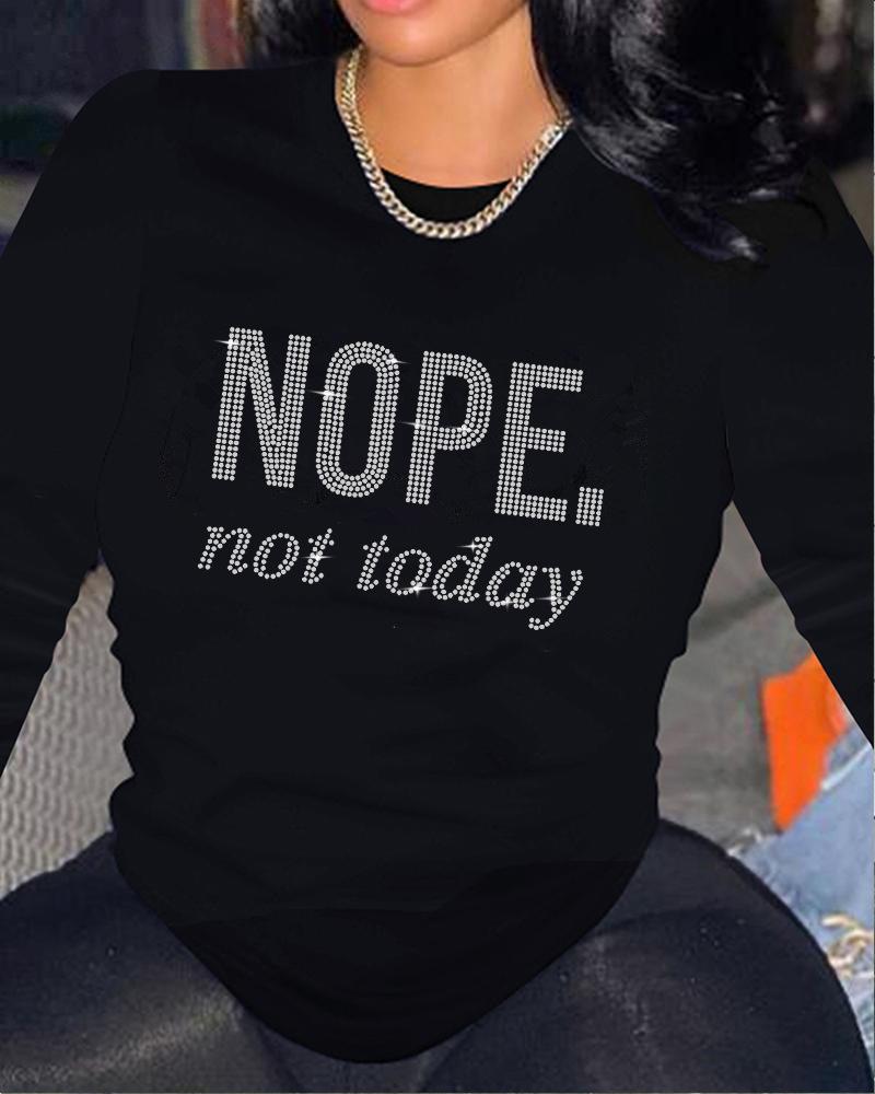 

Plus Size Rhinestone Letter Pattern Long Sleeve Top, Black