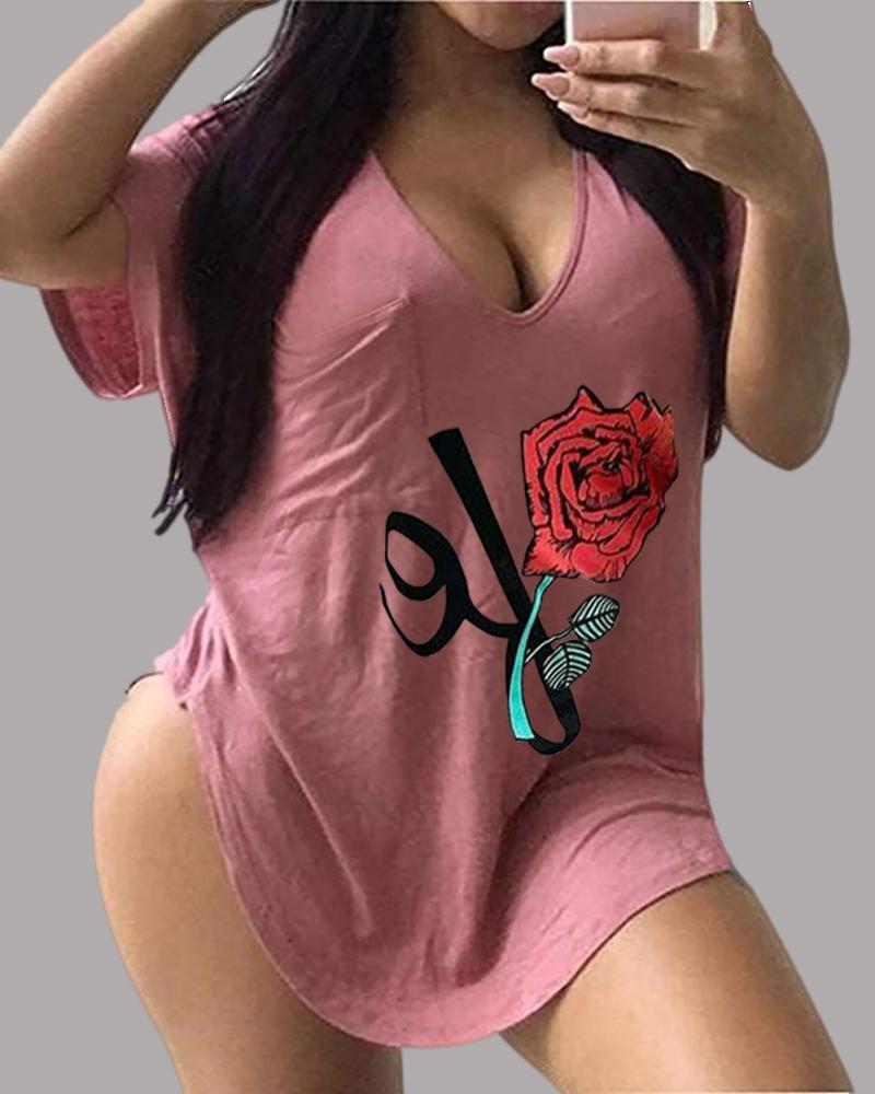 

Floral Letter Pattern Print Short Sleeve T-shirt, Pink