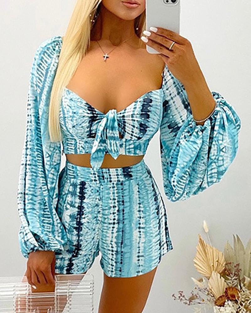 

Tie Dye Print Knotted Lantern Sleeve Crop Top & Shorts Set, Blue