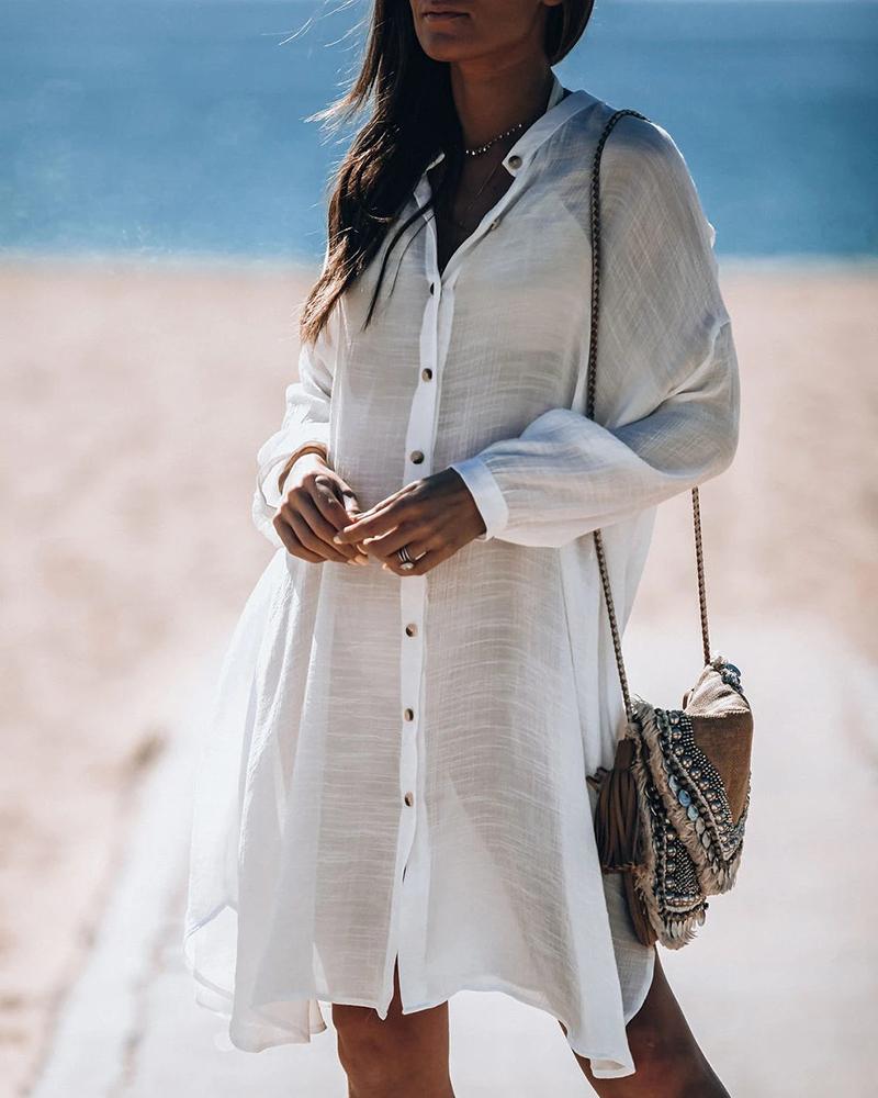 

Plain Long Sleeve Button Design Cover Up, White