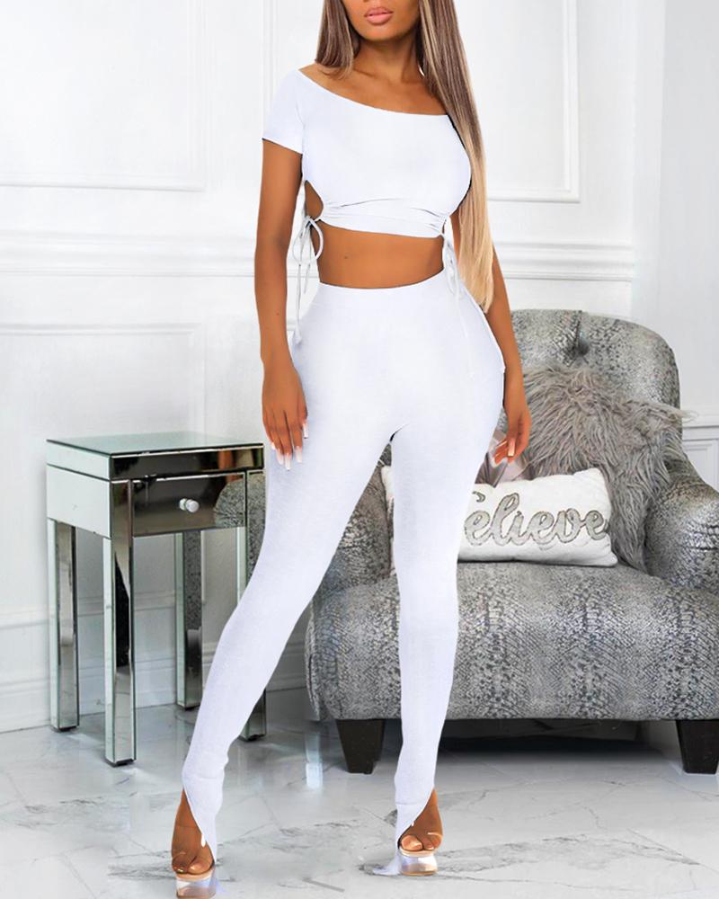 

Drawstring Crop Top & Slit High Waist Pants Set, White