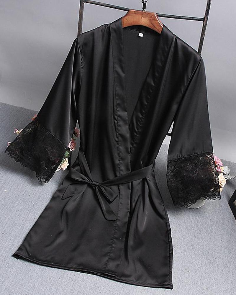

Solid Satin Lace Cuff Robe, Black