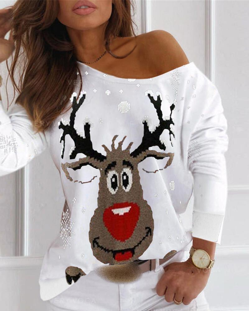 

Christmas Moose Print Long Sleeve T-shirt, White
