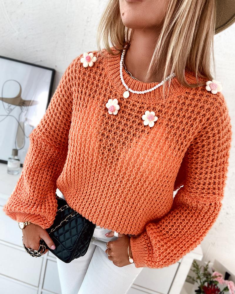 

Hollow Out Floral Pattern Sweater, Orange