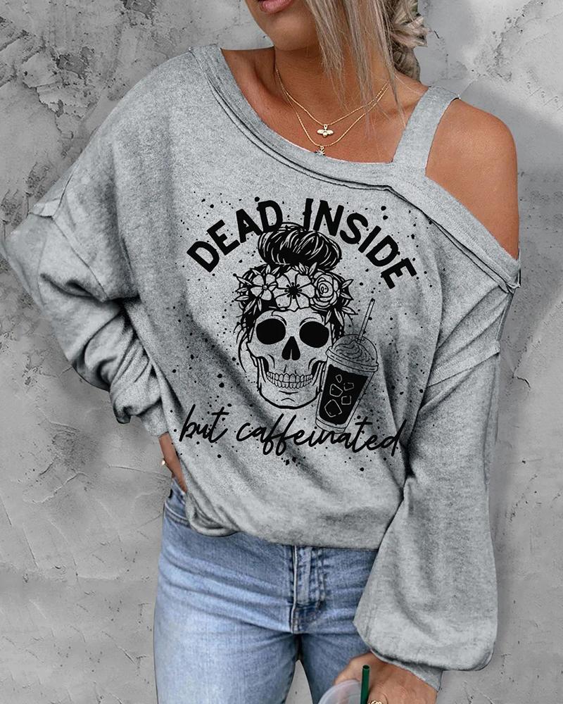 

Halloween Dead Inside Skull Coffee Print Lantern Sleeve Top, Gray