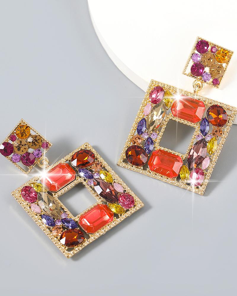 

1Pair Colorful Rhinestone Square Shaped Drop Earring, Orange & pink