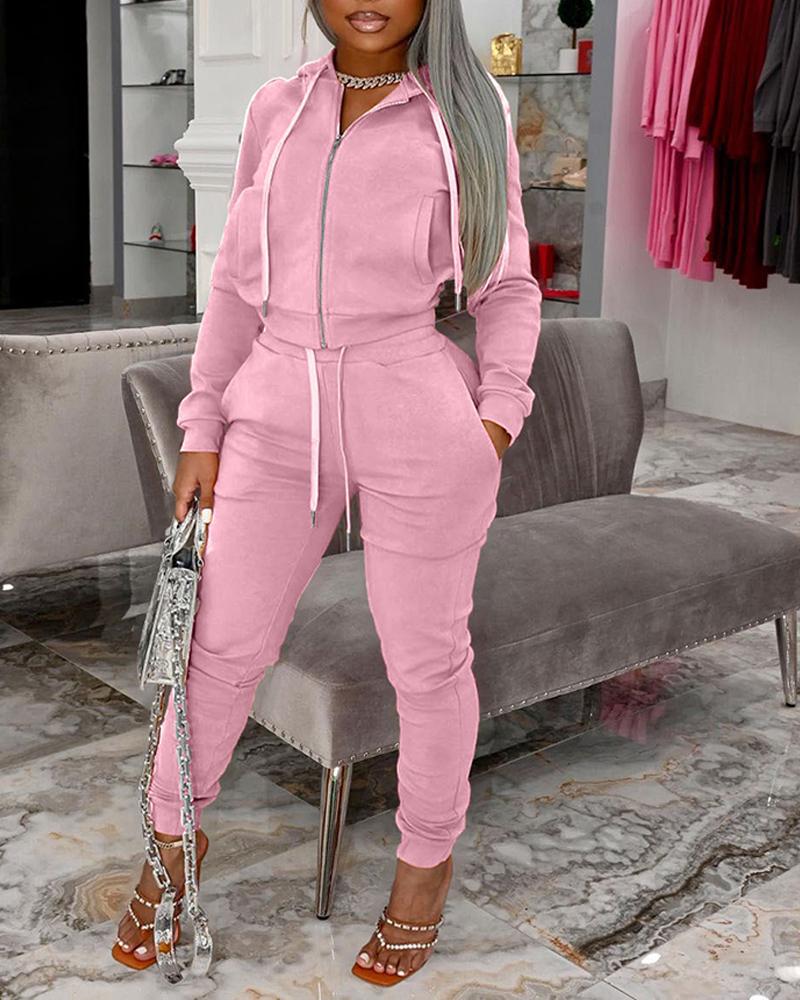 

Zip Up Drawstring Hooded Top & Pocket Pants Set, Pink